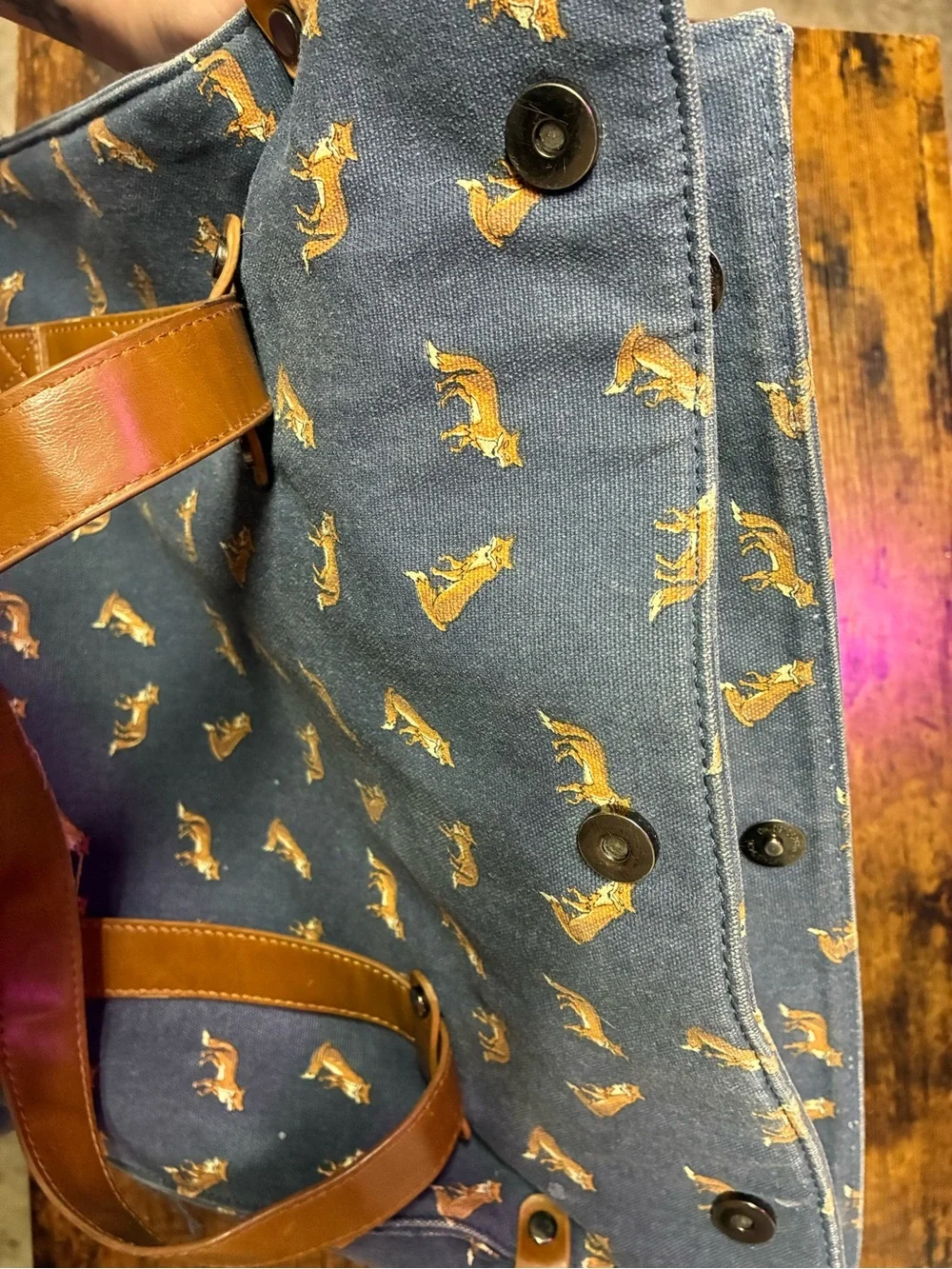 RARE Nila Anthony Vintage Button Clip Shopper Tote w/ Fox Print Brass Hardware